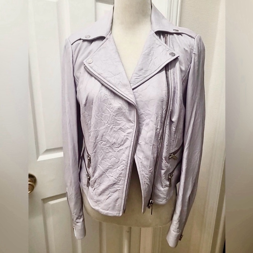 MICHAEL KORS CRINKLED LEATHER MOTO JACKET, LILAC COLOR SZ S $495 HARD TO FIND